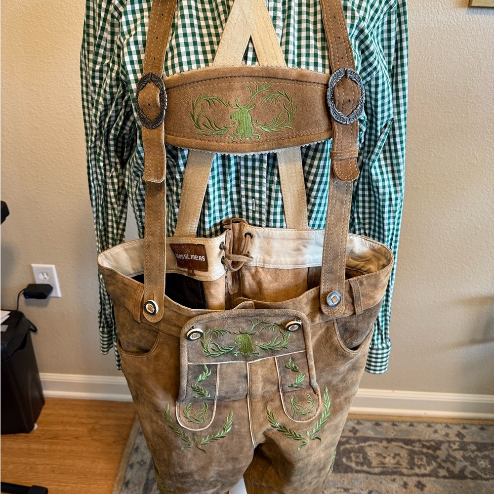Authentic Brown Lederhosen with Green Embroidery